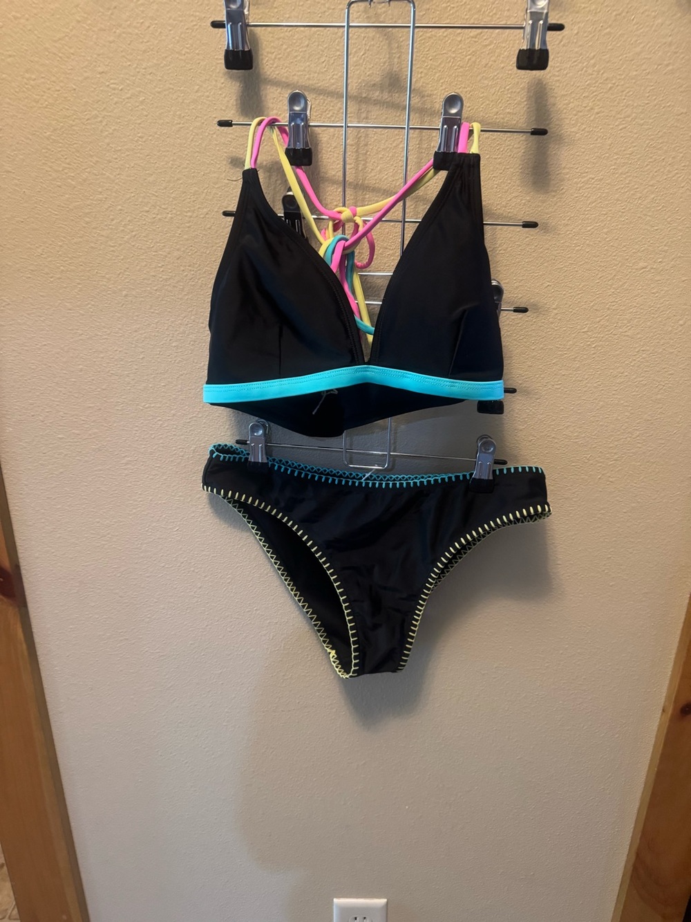 Black Bikini Set with Turquoise Trim and Multicolor Straps